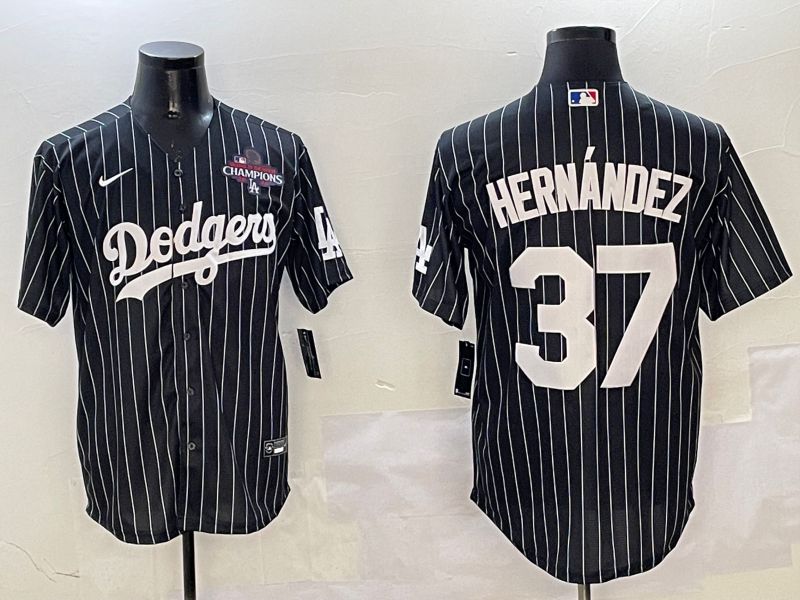 Men Los Angeles Dodgers #37 Hernandez Black Stripe Jointly Name 2025 Nike MLB Jersey style 4